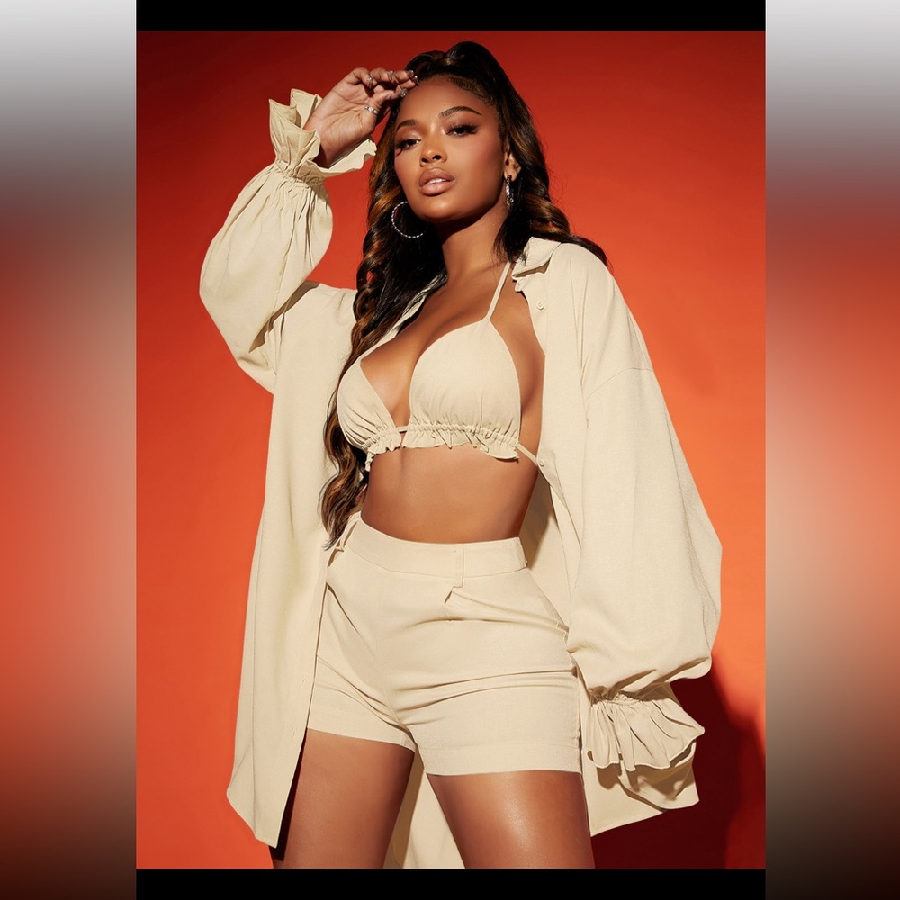 SHEIN SXY 3 piece set/Low Flounce Sleeve Shirt & Frill Trim Halter Top & Shorts